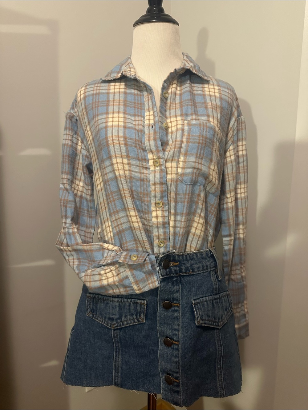 Light Blue and Cream Plaid Button-Up Shirt